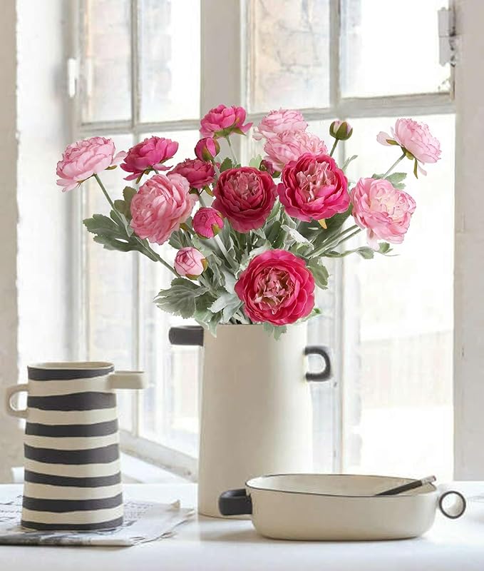 IPOPU Fake Peonies Artificial Ranunculus Flowers 6pcs 18Heads Pink Flowers Combo Hot Pink Silk Flowers 20.47" Artificial Flowers Bulk for Faux Floral Arrangements Home Table Decor (Multi-Pink)