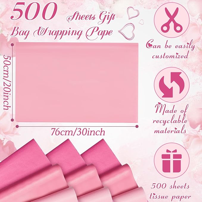 Qilery 500 Sheets Pink Tissue Paper Bulk for Gift Bags 20 x 30 Inch Acid Free Wrapping Paper Sheets for Christmas Decoration DIY Crafts, Packing Supplies for Moving, Wedding Party, DIY Flowers