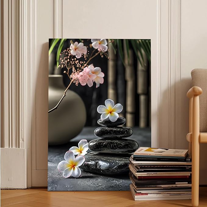A harmonious black stone stack paired with white and pink flowers bamboo and ceramic vases creates a tranquil Zen decor for minimalist homes and mindful spaces 28x40in Frameless