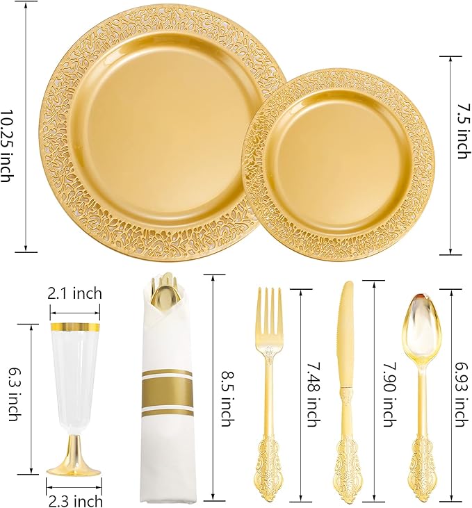 DaYammi 210Pcs Solid Gold Disposable Plates with Silverware and Cups,Christmas Plastic Plates for Party Include: 30 Dinner Plate,30 Dessert Plate,30 Rolled Napkins with Cutlery,30 Cups for Wedding