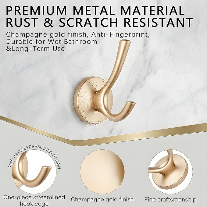 Matte Gold Towel Hooks 4 Pack, Heavy Duty Zinc Alloy Double Prong Coat Robe Hooks, Wall Mounted Towel Hooks for Bathroom, Kitchen, Closet, Garage, Entryway (195gold)