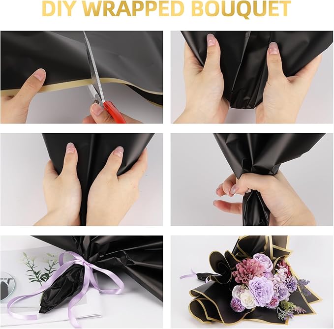 40 Sheets Flower Wrapping Paper, Waterproof Floral Paper Black Wrapping Paper for Flower Bouquet with 12 Pcs Gold Butterfly
