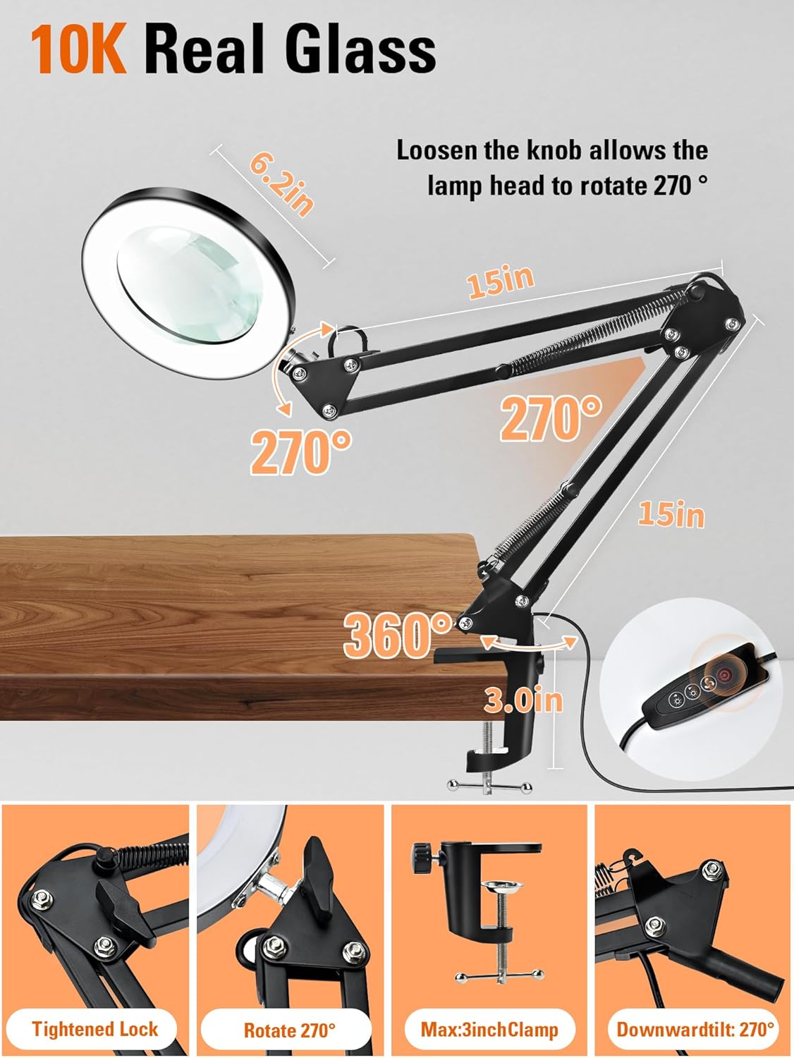10X Magnifying Glass - Real Glass Lens with Dimmable LED Light & Clamp for Crafts, Reading, Painting