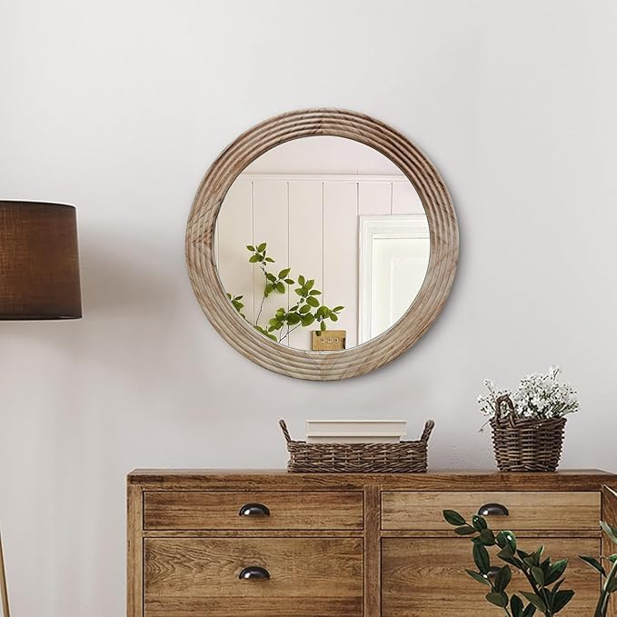 LOSOUR Round Mirror, Farmhouse Decor Solid Wood Frame Wall Circle Mirror, Decorative Mirrors for Bathroom Over Sink, Living Room, Entryway,Bedroom, Entryway, Hallway,Foyer (1, Brown, 20" L x 20" W)