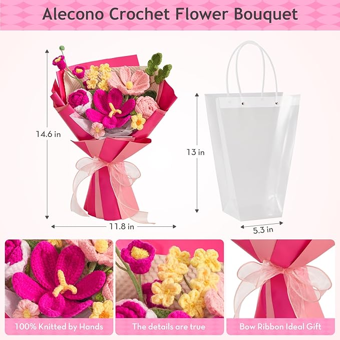 Alecono Crochet Flower Bouquet, Hot Pink Knitted Flowers, Crochet Tulips Flower for Lover Anniversary Birthday Party Mother's Day Graduation Gifts (Include Card)