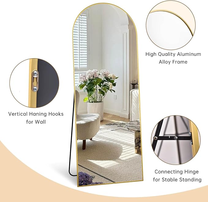 Dewfig 71"X26" Arched Full Length Mirror, Free Standing Leaning or Wall-Mounted Mirror, Aluminum Frame Modern Mirrors for Living Room, Bedroom, Cloakroom, Gold