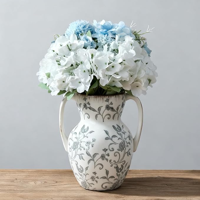 Gray and Beige Farmhouse Vintage Vase with 2 Handles, Chinoiserie Floral Vase, Rustic Ceramic Vases for Home Decor, Wedding, Living Room, Table, Shelf Decor - 8.3 Inch Tall