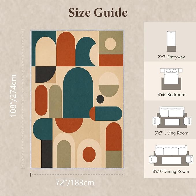 Teal Rust Area Rug 6x9, Mid Century Modern Mosaic Geometric Rug, Retro Abstract Color Block Washable Low Pile Non Slip Rug for Living Room Bedroom
