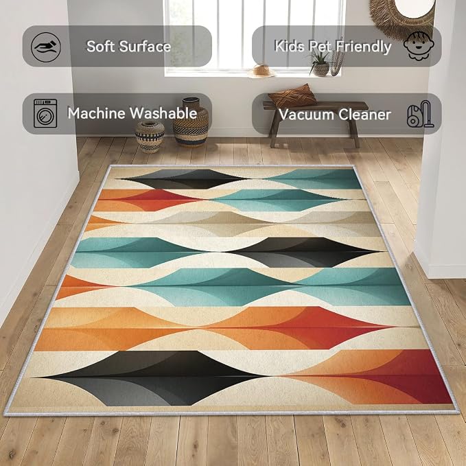 Mid Century Modern Area Rug 7x8, Washable Non Slip Low Pile Abstract Geometric Carpet for Living Room Bedroom Dining Room, Contemporary Retro Accent Rug, Ivory Teal Orange Black