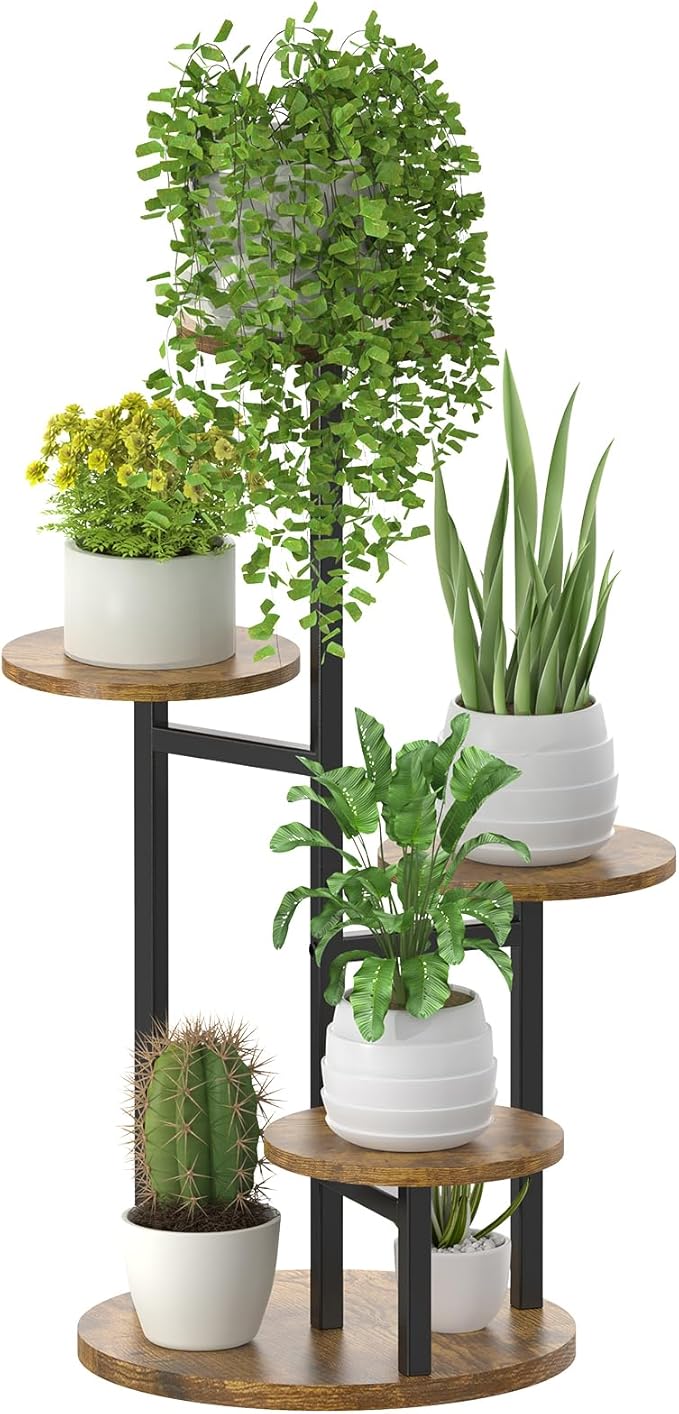 Oppro 5 Tier Plant Stand Indoor, Metal Wood Flower Holder, Heavy Duty Tall Round Multiple Shelf, Sturdy Spiral Planter Orchid Display Rack for House Living Room Patio Corner Bathroom, Modern Black