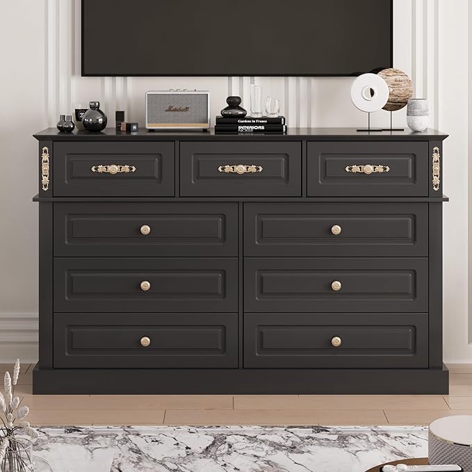 63Wx39H Large Dresser Black,9 Drawers Dresser for Bedroom, Retro Chest of Drawers with Gold Knobs, Wooden Storage Dressers, Bedroom Storage Organizer for Closet, Living Room, Hallway