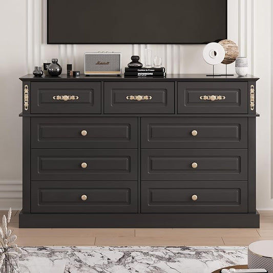 63Wx39H Large Dresser Black,9 Drawers Dresser for Bedroom, Retro Chest of Drawers with Gold Knobs, Wooden Storage Dressers, Bedroom Storage Organizer for Closet, Living Room, Hallway