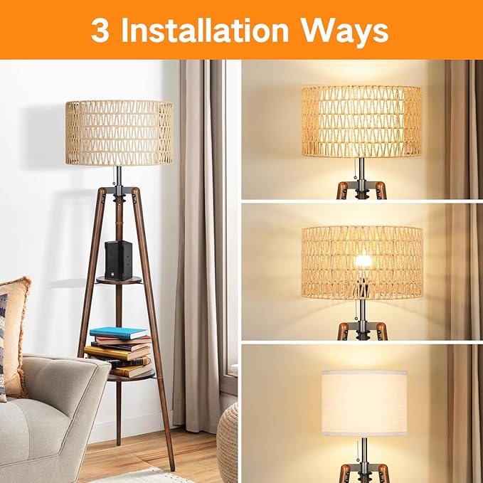OUTON Boho Rattan Tripod Floor Lamp with Shelves, Dimmable Mid Century Modern Standing Lamp with Remote Control,Wood Tall Floor Lamps for Living Room Bedroom Office Farmhouse Bulb Included, Walnut