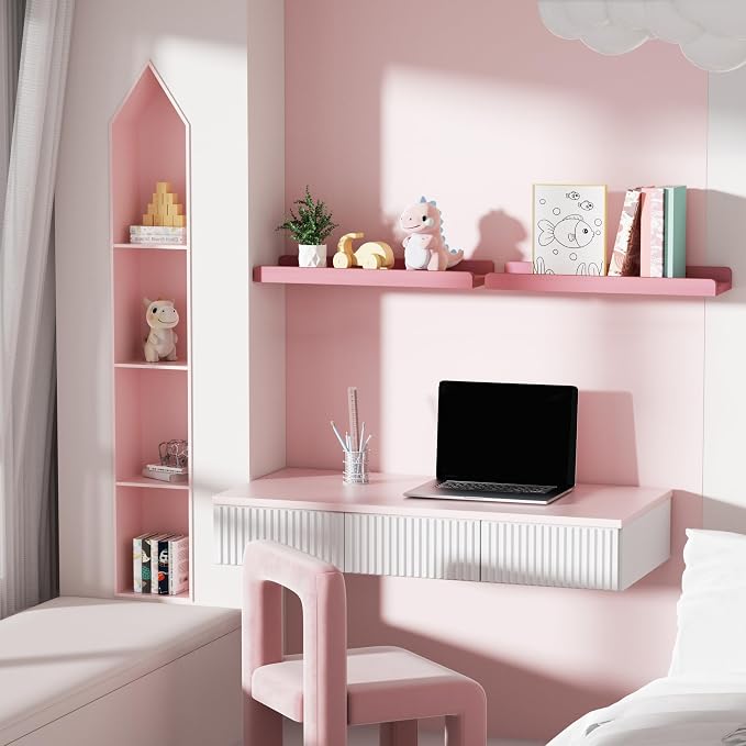 Love-KANKEI Floating Shelves Wall Mounted Set of 2, 17 Inch Rustic Wood Wall Shelves for Storage, Bedroom Living Room Bathroom Kitchen Office and More Pink