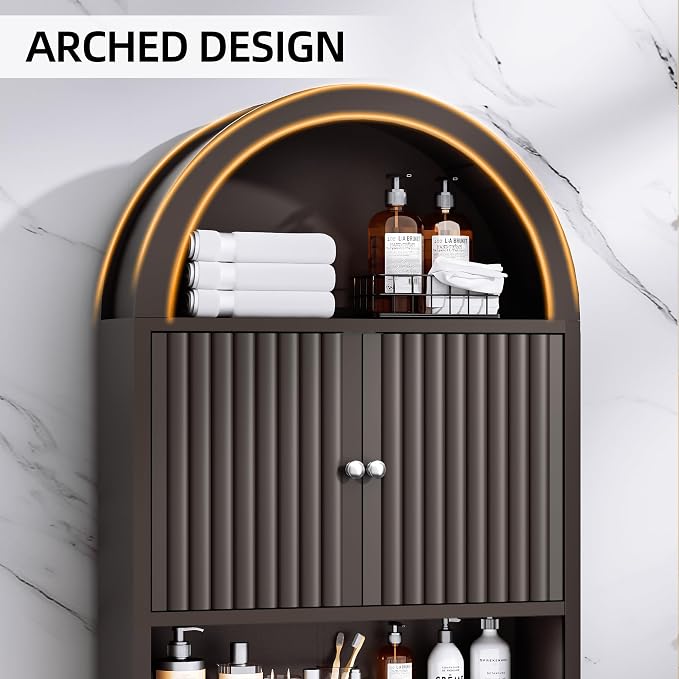 Spurgehom Over The Toilet Storage Cabinet, Bathroom Shelf Organizer Freestanding, Bathroom Arch Cabinet Over Toilet with Fluted Door and Anti-Tipping Device, Coffee