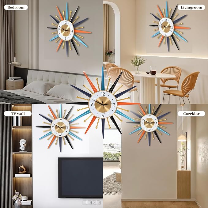 22-Inch Large Starburst Wall Clock – Mid-Century Modern Decorative Wall Clock, Silent Non-Ticking Quartz Movement, Battery Operated Colorful Clock for Living Room, Bedroom, Kitchen & Office