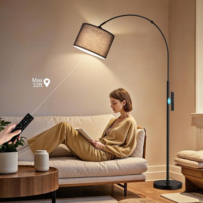 Ambimall Dimmable Arc Floor Lamp with Remote, Color Temperatures and Brightness Adjustable, Arched Floor Lamp with Rotating Head, Over Couch Arched Reading Light for Living Room (Black and Black)