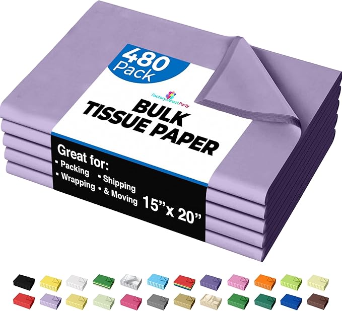 Party Solids Lavender Tissue Paper for Gift Bags - 15" X 20" Bulk Tissue Paper Lavender 480 Sheets - 10lb Newsprint for Packing, Birthday Gift Box Filler, Packing Supplies for Moving Supplies