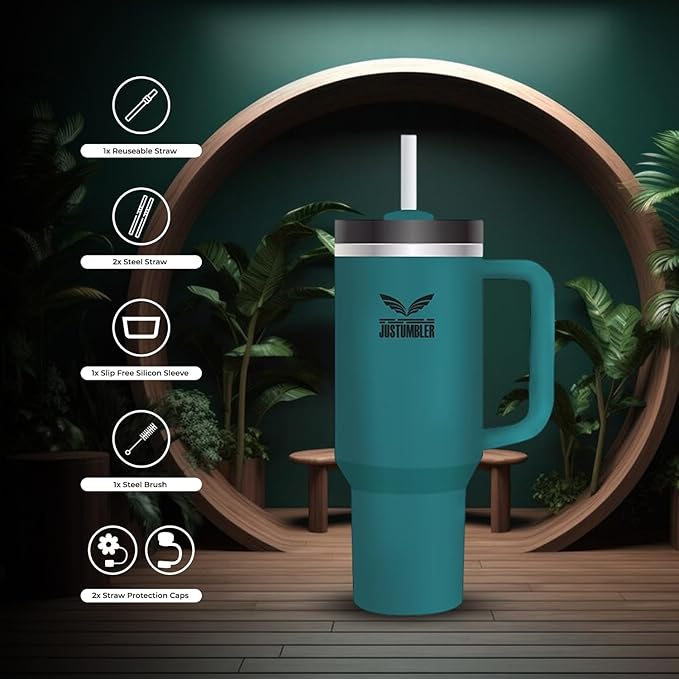 40 Oz Insulated Tumbler with Handle and Straw, Stainless Steel Coffee Travel Mug with Lid, Leak Proof Water Bottle with Accessories, Blue Spruce