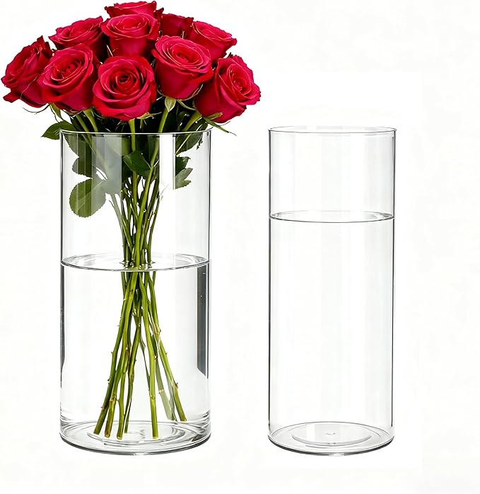 2 Pack Acrylic Cylinder Vases, Non-breakable Vase for Centerpieces, 8 inch Tall Clear Flower Vase Bulk Floating Candle Holder for Wedding Table Home Decor and Party