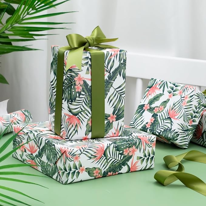 Burymento Palm Leaves Wrapping Paper Roll, Hawaiian Tropical Floral Themed Gift Wrap for Birthday, Valentines, Mothers day, Graduation, Wedding, Fathers day, Baby Shower, Christmas (17 IN x 32.8 FT)