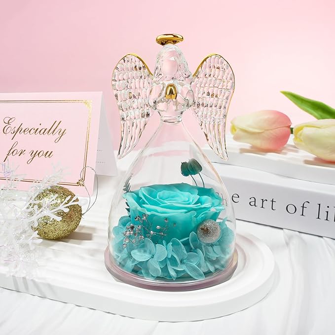 Sunia Preserved Flower Rose Gift for Women - Mother's Day Birthday Gifts for Mom Wife Grandma, Glass Angel Figurines Forever Real Roses Gifts for Her Valentine Day Thanksgiving﻿ (Aquamarine)