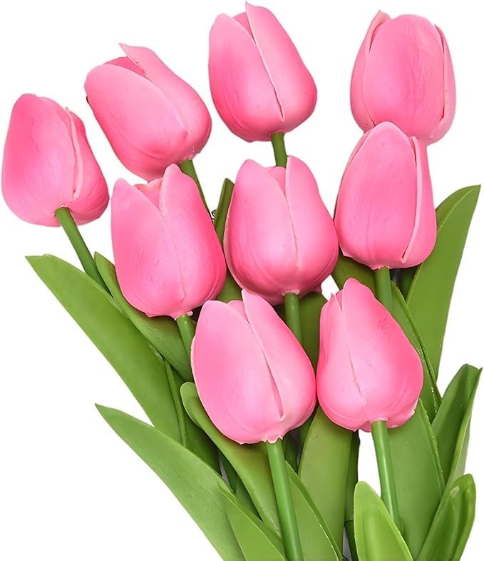 Pink 10 Pcs Artificial Tulip Silk Fake Flowers 13" for Home Office Wedding Decor Arrangement Bouquet Faux Flowers for Decoration