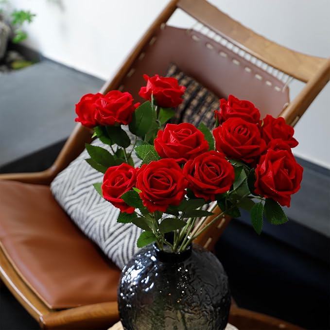 Red Artificial Rose Flowers, 12 Pcs Silk Roses with Long Stems, Realistic Fake Roses for Wedding Centerpiece Party Home and Office DIY Decor
