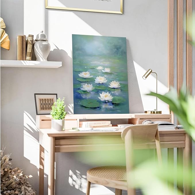 Zen wall art Delicate white lotus flower floating on calm water Vintage oil painting print Serene aquatic wall art creates a tranquil home decor 20x30in Wood Framed