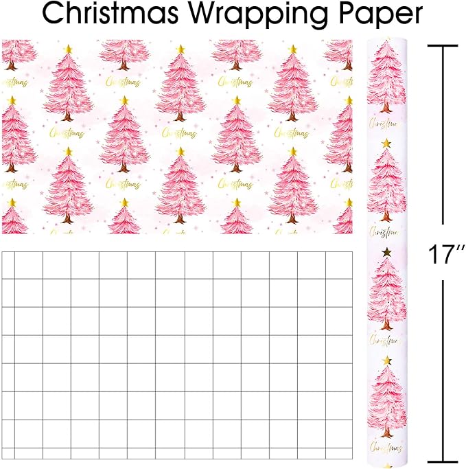 MAYPLUSS Christmas Wrapping Paper Roll - 17IN X 33FT - Pink Gift Wrapping Paper Featuring Christmas Tree Little Star Reversible Cut Lines for Kids, Holiday, New Year