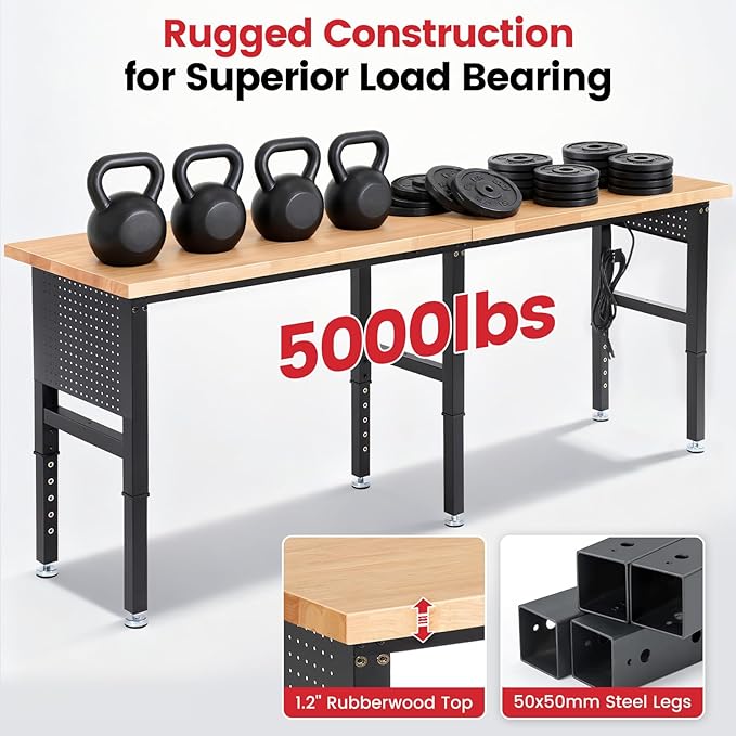 Workbench 96 x 24 Inch Adjustable Height Heavy Duty Work Table with Power Outlets & Extended Pegboard 5000 Lbs Load Capacity Rubber Wood Top Workstation for Garage, Workshop, Home, Office