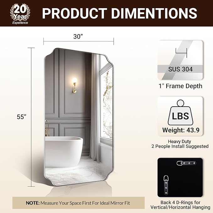 ANDY STAR 30"x55" Large Bathroom Mirror, Chrome Scalloped Mirror for Wall, Full Length Wall Mirror with Unique Notched Corner Design, Hangs Vertically or Horizontally