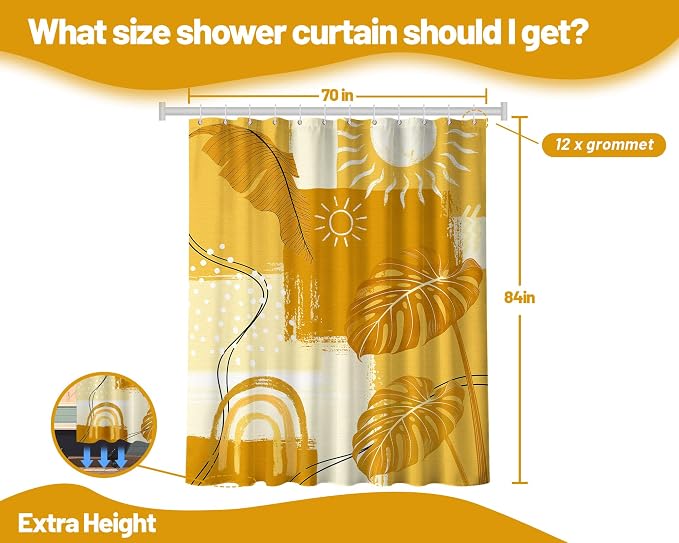 Extra Tall Shower Curtain XL Mustard Yellow Abstract, 70 x 84 Inchs | for Extra Long 84 Inchs Shower, Mid Century Modern Bohemian, Large Bathroom Decor Sets Waterproof Cloth Fabric, with Hooks