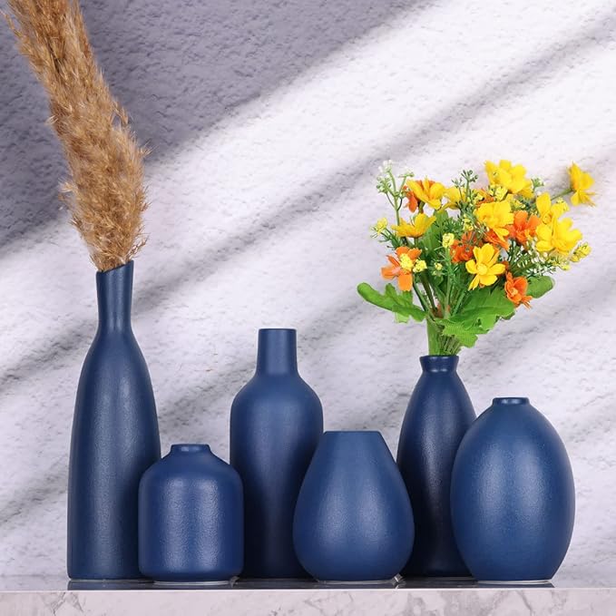 Blue Ceramic Vase - Set of 6 Blue Bud Vases, Modern Farmhouse Navy Blue Decorative Vases for Home, Office, Living Room, Table Decor - Ideal Centerpieces for Flowers, Shelf and Fireplace Accents