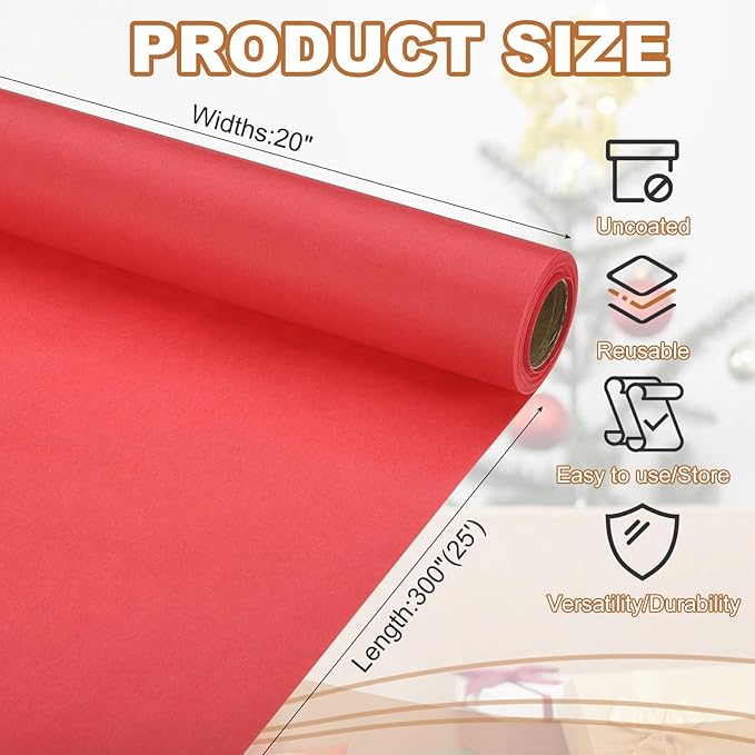 PATIKIL Wrapping Paper, 20" x 300"(25') 70 GSM Craft Paper Roll Kraft Packing Paper for Poster Bulletin Board, Gift Wrapping, Bright Red