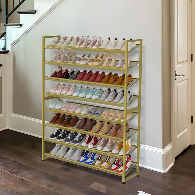 NEYCIL Large Shoe Rack 8 Tier Shoe Organizer, Heavy Duty Metal 4-Tier Stackable Shoe Storage Vertical Shoe Rack for Closet Front Door Entrance, Up to 50 Pairs, 44.8" W x 11.4" D x 56.7" H, Gold