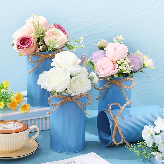 Domensi 5.91 in High Farmhouse Vase Decor Galvanized Metal Flower Vase with Twine Bow Vintage Rustic Tin Flower Buckets for Artificial Floral Table Container DIY(Haze Blue,8 Pcs)