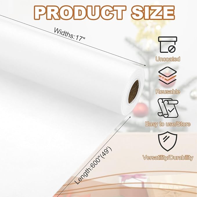 PATIKIL Wrapping Paper, 17" x 600"(49') 70 GSM Craft Paper Roll Kraft Packing Paper for Poster Bulletin Board, Gift Wrapping, White