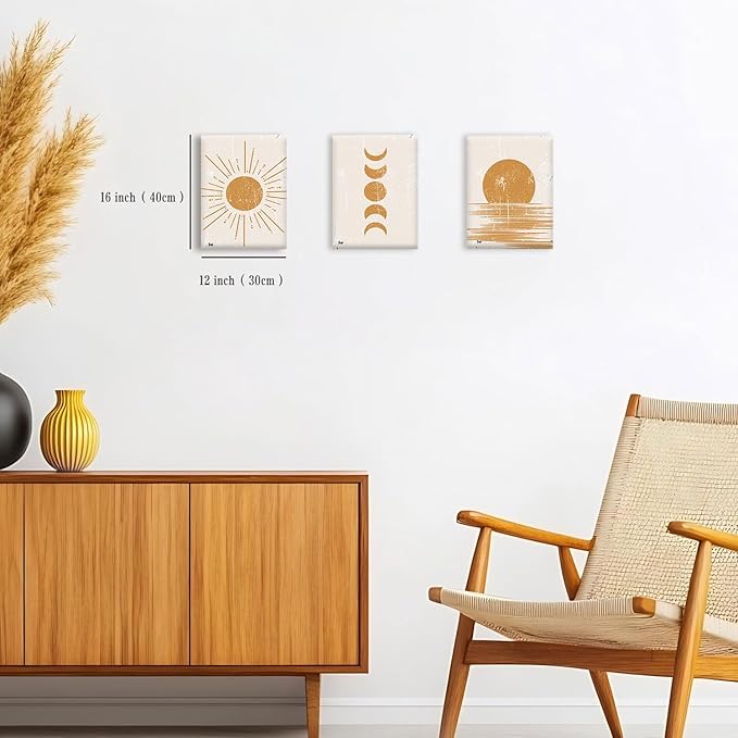 Boho Wall Art Abstract Sunshine Prints Pictures Minimalist Moon Phase Wall Decor Geometric Mid Century Sunset Canvas Paintings Artwork for Bathroom Office Living Room Bedroom Home Decoration 12x16"
