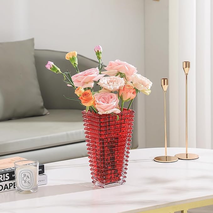 MCMCNCUIU Crystal Vase, Large Crystal Vases for Flowers, Red Large Flower Vase, Modern Glass Vases for Living Room, Bedroom, Kitchen, Dining Table, Mantle, Wedding, 9 Inches