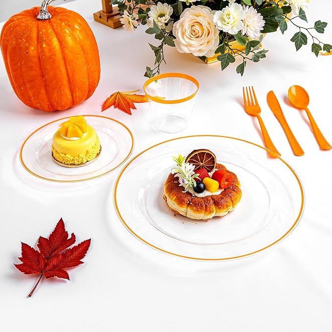 SUT 175Pcs Orange and Clear Plastic Dinnerware Set for 25 Guests, Include: 25 Dinner Plate, 25 Dessert Plates, 25 Pre Rolled Napkins With Silverware, 25 Cups, Disposable Plates for Thanksgiving, Party