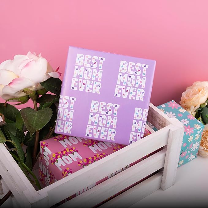 Altarho Mother's Day Wrapping Paper Sheet for Mom Women - Floral Best Mom Ever Words Design Folded Flat for Mother's Day Birthday Party - 20 Inch X 28 Inch Per Sheet(8 Sheets)