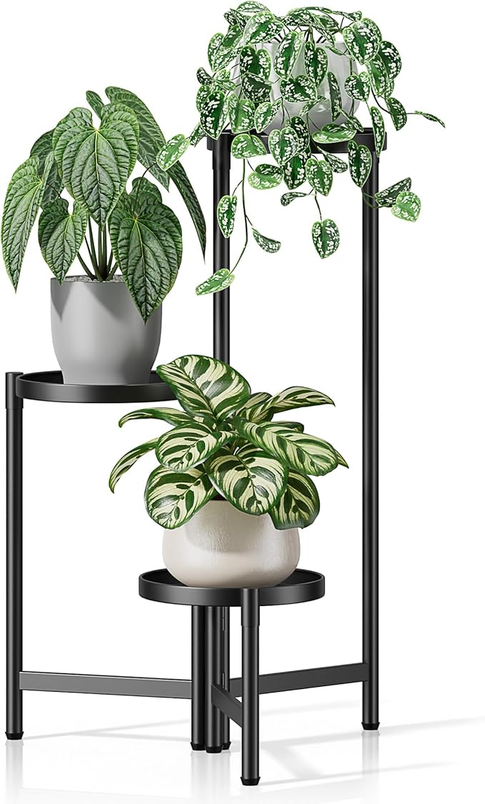 3 Tiered Plant Stand Indoor for Multiple Large Planter, Tall Heavy Duty Adjustable Folding Rack with Rustproof 7.9 Inch Wide Tray, Plant Shelf for Corner Living Room - BlackDisk