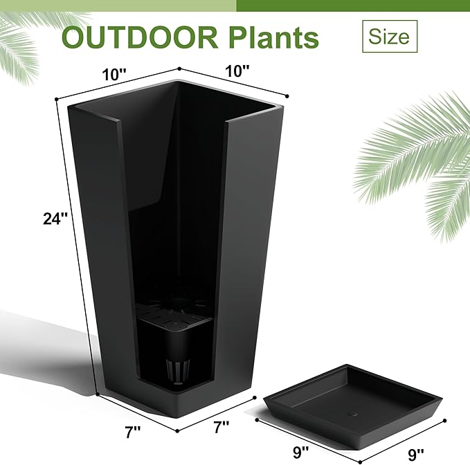 24" Tall Planters for Outdoor Plants, Set of 2 Large Outdoor Planters for Front Porch Decor with Drainage Hole, Tall Planter (Black)