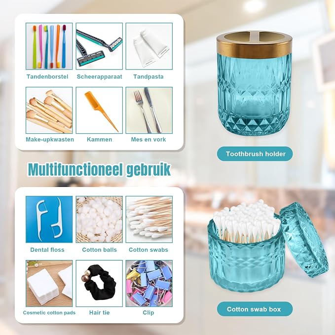 5Pcs Cyan Bathroom Accessories Set, Glass Bathroom Accessories, Vintage Bathroom Countertop Decoration Includes Soap Dispenser, Toothbrush Holder, Qtip Holder,Soap Dish and Rinsing Cup