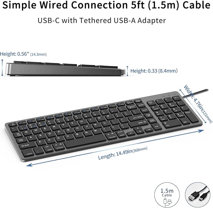 JKSML Wireless Keyboard with 102 Keys, Bluetooth and 2.4 GHz Wireless, Low Profile, Number Pad, Fluid Quiet Typing, 12 Programmable Keys, USB C Rechargeable, for Phone, Tablet, PC, Laptop, TV - Black