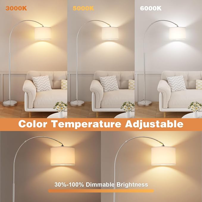 Ambimall Dimmable Arc Floor Lamp with Remote, Color Temperatures and Brightness Adjustable, Arched Floor Lamp with Rotating Head, Over Couch Arched Reading Light for Living Room (White and Silver)