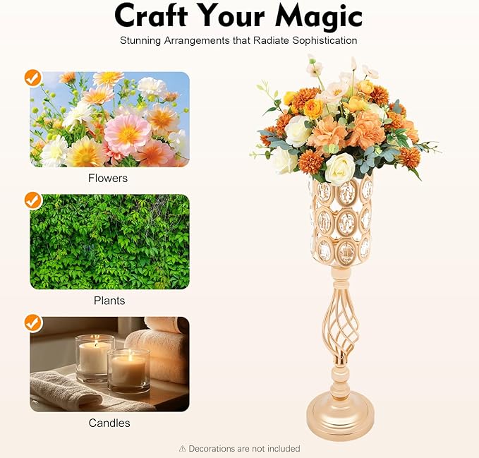 Crystal Wedding Flower Stand, 10pcs 24" Tall Metal Wedding Centerpiece Vase with Eva Pad, Gold Flower Holder Flower Vase Display Rack Centerpiece Decor for Outdoor Wedding Holiday Special Events Etc