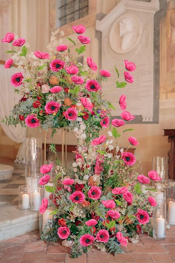 Poppies Flowers Artificial Silk Flowers 6PCS 32in Artificial Poppies Flowers for Wedding Home Party Table Centerpiece Arrangement Decoration (Hot Pink)