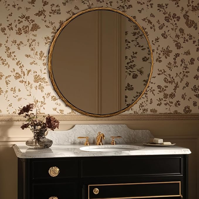 ANDY STAR 30 Inch Hand-Forged Round Gold Mirrors, Hammered Round Bathroom Mirror for Over Sink, Brass Vanity Circle Mirror for Antique, Vintage, Farmhouse, Rustic, Solid Steel Metal Frame
